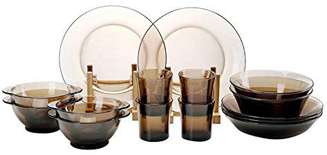 Piatti Piani, Piatti/Piatti/Ciotole, Elegante Set di stoviglie da 15 Pezzi, Piatti in Vetro temperato, Piatti, Ciotole e Tazze, Servizio per 4, Lavabile in lavastoviglie, Marrone