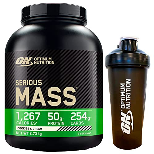 Optimum Nutrition Serious Mass Molkenproteinpulver für Muskelmasse mit Kreatin, Glutamin und Vitaminen Kekse und Sahne 2.73kg 8 Portionen + Shaker