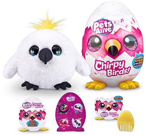 Pets Alive Chirpy Birds - Interaktive Überraschungstiere mit elektronischer Sprachausgabe und Wiederholung, Weißer Kakadu