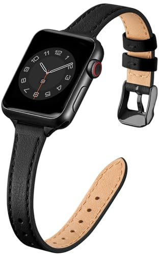 SUNFWR Compatible with Apple Watch Strap 38mm 40mm 41mm 42mm 44mm 45mm,Genuine Leather Strap Replacement,Slim&Thin Wristband for iwatch Series 7/6/5/4/3/2/1,SE (42mm 44mm 45mm, Black&Black)