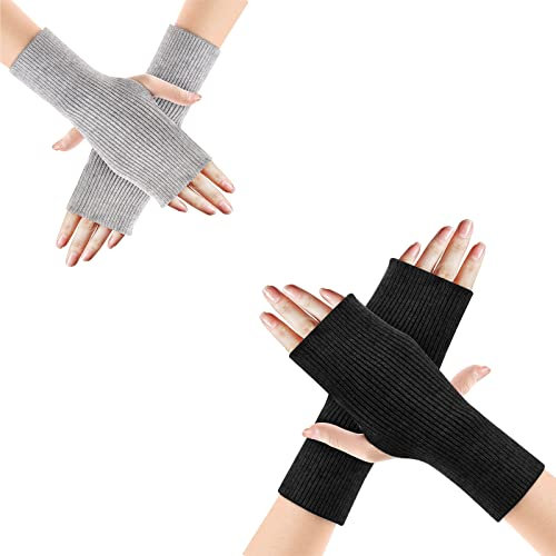 2 Paar Handschuhe Fingerlos Handschuh Ohne Fingerspitze Damen Winter Pulswärmer Handstulpen Warme Weiche Strickhandschuhe Winterhandschuhe Halb Fingerlose Handstulpen Fäustlinge Kurzer Schwarz/Grau