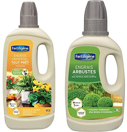 Fertiligène Engrais Universel Tout Prêt, 1L & FERTILIGENE FEPO400 Engrais Liquide Arbustes en Pots, Buis et Bambous 400 ml - Arbustes plus vert en 7 jours - 400 ml jusqu'à 28 L de solution diluée