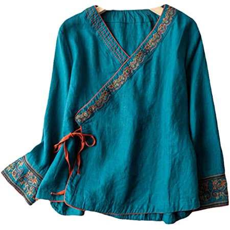 Hanfu Broderie Cheongsam courte à col en V Haut chinois Floral Chemise Tang Costume Printemps Tai Chi Vêtements, Couleur 1, XL