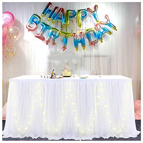 SHTGOI Tüll Tischrock Tütü Tischröcke 427 x 77 cm Gaze Tisch Tischdecke Tischdekoration Tisch Rock für Hochzeit Geburtstag Neujahr Babyparty Candy Party Dekoration Weiß mit LED
