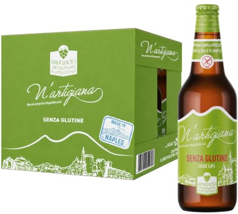Birra Senza Glutine Artigianale N’Artigiana 33cl | Birra Lager Napoletana Gluten Free con Puro Malto d’Orzo Deglutinato a Bassa Fermentazione | 4,5% Vol | Cassa da 12 Bottiglie
