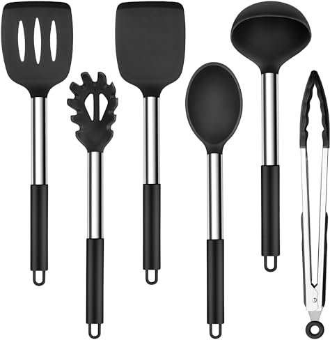 Herogo Silikon Küchenhelfer Set, 6 Stück Kochutensilien Kochbesteck Set mit Edelstahlgriff, Hitzebeständiger & Antihaft, Silikon Küchenutensilien Wender Zange Pfannenwender Set – Schwarz