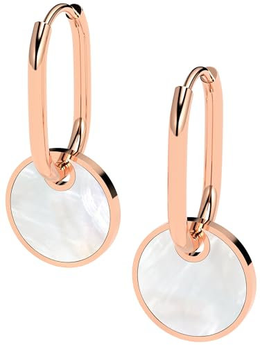 THIORA 'Pearl Oasis' Creolen Roségold Damen | Echte Perlmutt Plättchen | Premium Edelstahl Ohrringe | Zarte Eleganz, Geschenk mit Herz