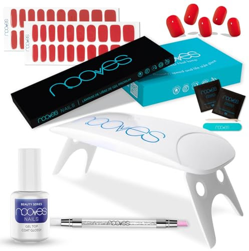 NOOVES - Starter Kit Beauty Red, 2 pellicole in gel per unghie + lampada per asciugatura unghie UV/LED + gel top coat glossy + quarzo doppio stick, unghie gel semi-curate premium, manicure, gel nail