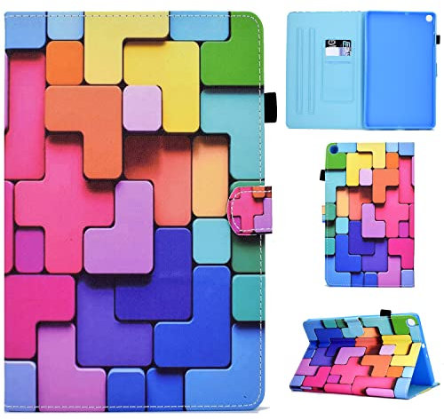 Auslbin Funda de Cuero PU para Samsung Galaxy Tab A 10.1 (2019) - Slim, Lightweight Stand with Auto Sleep/Wake Function, Featuring Feline Designs, Bloques