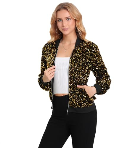 Yutuwomsfushi Women's Sequin Jacket Long Sleeve Blazer Glitter Front Zip With Pockets Casual Sparkly Party Velvet Bomber