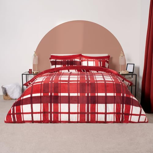 OHS Red Super King Cover Duvet Teddy Fleece Check, Christmas Bedding with Pillowcases Duvet Covers Superking Easy Care Comfy Soft Quilt Covers, Red