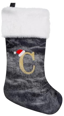 Personalized Xmas Stockings 45cm Large Initial Monogram Embroidered Letter Christmas Stocking Grey Velvet Classic Christmas Stockings Xmas Holiday Decor Tree Decoration for Kids & Adults Gift (C)