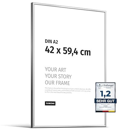 JUNOMI® Bilderrahmen DIN A2 (42x59,4 cm) - Aluminium Metall Silber Glänzend - Schmaler Rahmen mit bruchsicherem Acrylglas - Moderner Posterrahmen für Fotos und Bilder im Hoch- & Querformat