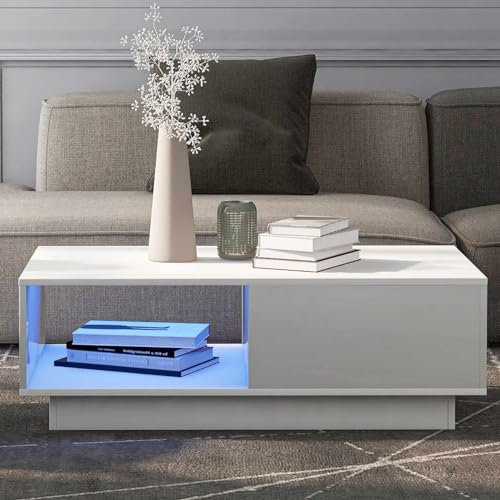 KOMHTOM Table Basse Haute Brillance Blanc Table d'appoint, Table de canapé de Salon avec Un tiroir et Un Compartiment de Rangement Ouvert 95x55x32cm (B, Blanche)