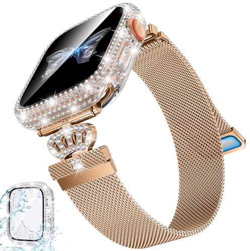 Kamita Métal Milanais Bracelets Compatible avec Apple Watch Bracelet 40mm, Acier Inoxydable Réglable Bande avec Diamant Coque Magnétique Remplacement Watchband pour iWatch Série SE 6 5 4 (Or rose)