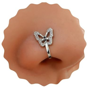 Crymystal Vintage Strass Schmetterling Nase Ring Silber Fake Fach Nase Ring Nagel U-förmige Clip Nase Nagel Biegbare Nase Ring Persönlichkeit Nase Ring Schmuck für Frauen und Mädchen Geschenke