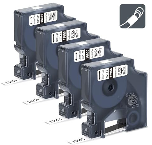 4x 18055 Schriftband Kompatibel mit Dymo Rhino Industrie Schrumpfschlauch-Kabeletiketten | 12 mm, 1,5 m Schwarz auf Weiß, Kompatibel mit Dymo Rhino 4200, 5200, 5000,1000, 3000, 6000, ILP-219