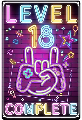 Retro Blechschild 18 Schild Geburtstag, Level 18 COMPLETE Türschild Kinderzimmer, lustiges Geburtstagsschild 18, Gamer Geburtstagskarte 18, Geschenk für Mädchen und Junge, Metallschild 20x30cm