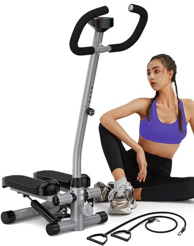 Amicus Mini stepper con manubrio per esercizi, stepper per scale con fascia di resistenza, macchina idraulica per fitness, per casa, capacità di peso di 150 kg, grigio