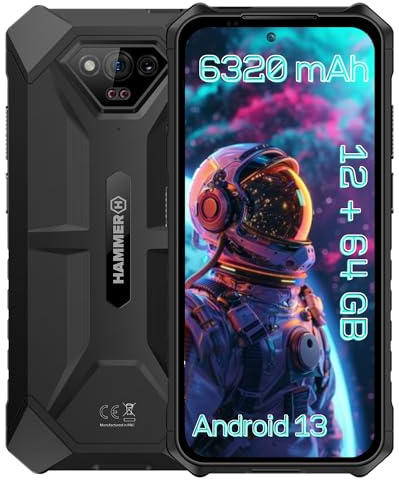 Hammer Iron V E ohne Vertrag robust, wasserdicht, Dual-SIM, leistungsstarker 6320-mAh-Akku, 64GB + 6GB RAM, Andorid 13, 50-Mpx-Kamera mit Nachtsicht-Sensor IP69 droptest, 294 Stunden im Standby, NFC
