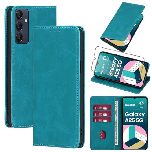 Vauki Coque Cuir pour Samsung Galaxy A25 5G 6.5 avec 1 Verre Trempé Etui à Rabat en PU Porte-Cartes Portefeuille Support Flip Housse Magnétique Antichoc Anti-Rayures Case,Light Blue
