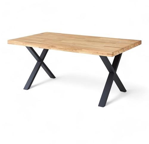Chris X Esstisch Massivholz Eiche mit Metallgestell, 180 x 76 x 100 cm | Esszimmertisch aus geöltem Eichenholz im Industrial-Stil, stabile Tischplatte, robuster Tisch, Tisch für Wohnzimmer