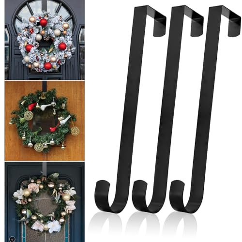 newhsy 12 Wreath Hanger for Front Door 3Pcs, Door Wreath Hook Hanger for Christmas Decorations, Over The Door Hanger Hook for Hanging Wreath Clothes Hats Bags Garland Decor Accessories (Black*3)