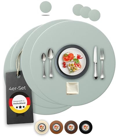 Lederfabrik Garnier® Tischsets Abwaschbar 4er-Set – Nachhaltig, Stabil & rutschfest – Edles recyceltes Leder, Made in Germany (Rund, Grau)