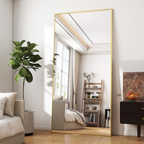 BEAUTYPEAK Übergroßer Großer Ganzkörperspiegel 76x180 cm, Bruchsicher Standspiegel hängend oder lehnend an die Wand, Groß Bodenspiegel mit Ständer für Schlafzimmer, Wohnzimmer oder Ankleidezimmer,Gold