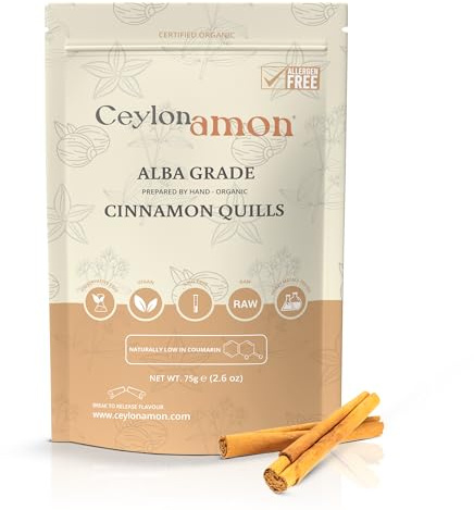 Ceylonamon - Alba Grade Ceylon Cinnamon Quills, Hand-Crafted Organic Cinnamon Sticks - Vegan and Non-GMO, Allergen-Free and Raw - 75 g (2.6 oz)
