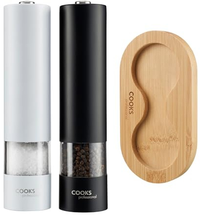 Cooks Professional Electric Salt and Pepper Mill Set with Bamboo Base | Battery Operated Automatic Grinders with Adjustable Grinding & One Touch Operation | Condiment Grinder & Stand | Black & White