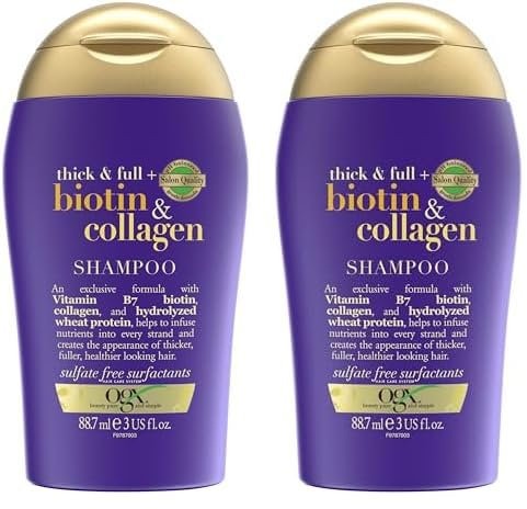 OGX Thick & Full Biotin & Collagen Shampoo (88,7 ml), nährstoffreiches Volumenshampoo & Haarpflege Shampoo mit Biotin, Kollagen und Weizenproteinen (Packung mit 2)