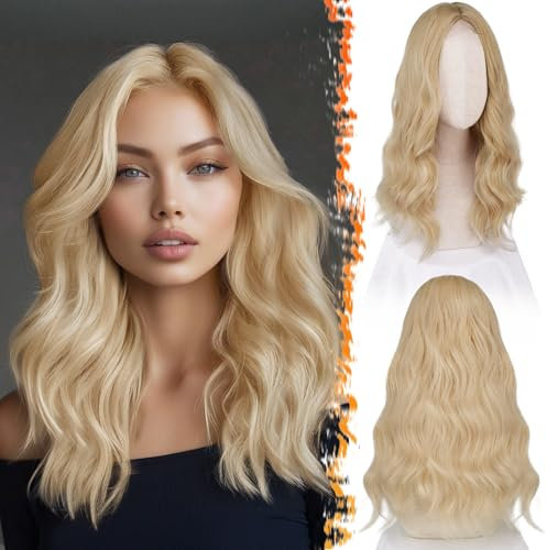 BARSDAR 46cm Gewellt Blond Perücke, Mittel Lange Gewellt Perücke für Frauen Mittelscheitel Lockige Haar Hitzebeständig Synthetisches Schulter Länge Natürlich Perücken - Beige Blond Gemischt