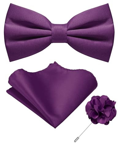 JEMYGINS Nœud papillon pré-noué de couleur unie et carré de poche avec épingle à revers, nœud papillon réglable pour homme, violet foncé, taille unique