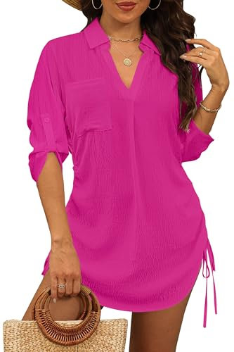 StylSense Damen Strandkleid Sommer Bikini Cover Up Badeanzug Sommerkleider Damen Leicht Strandponcho bluse mit Tunnelzug (Rose Rot, XL)