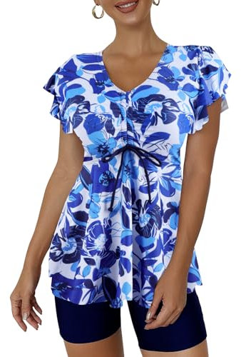 ECUPPER Womens Tankini Swim Dress with Sleeves Modest Two Piece Swimsuits Tummy Control Bathing Suit Floral Printed Swim Tops and Shorts Blue Flower 3XL