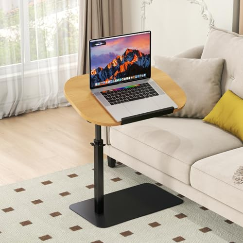 YUTVCZO Solid Wood C Shaped Side Table Adjustable Height,360°Swivel Side Table for Sofa and Bed, Metal Base Flip Top Laptop Stand TV Coffee Tables,Mobile Couch Side Tables That Slide Under (wood)