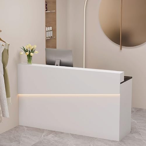 GUQASDV Empfangstresen für Praxis, Reception Desk Salon, Reception Theke, Bürotheke Reception Tisch mit Lichtleisten für Restaurants, Supermärkte(White+Black Texture,1m)