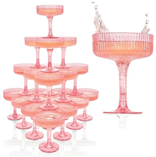 Ksestor Acrylic Champagne Tower - 7oz. Set of 21 Champagne Flutes Plastic - for Weddings & Parties - Plastic Coupe Glasses - Pink