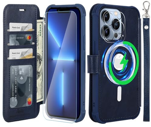 VANAVAGY Wallet Case Compatible for iPhone 13 Pro for Magsafe Wireless Charging,Leather Flip Wrist [Glass Screen Protectors]with RFID Blocking Card Holder,Navy blue