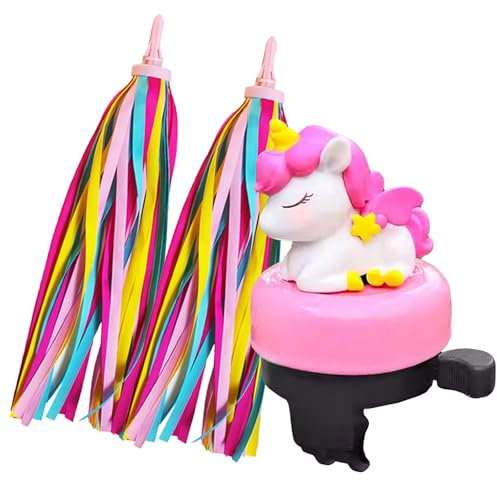 1PCS Pink Unicorn Kids Bike Bell with 2PCS Kids Bike Streamers for Children's Bike scooter Accessories,Kids Bike scooter Bell and 10 Kid's Rainbow Bike Tassel Ribbons for girls