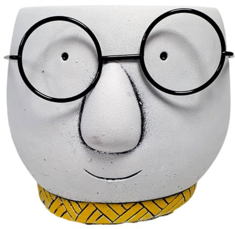 DIVAS SPIRITUAL White Cement Face Planter with Black Round Spectacles 21 cm Decorative Garden Pot Modern Character Head Plant Holder for Indoor Outdoor Use Balcony Patio Decor