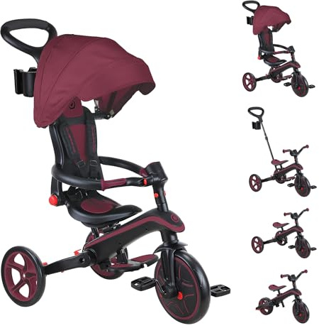 Globber Foldable Explorer Trike and Balance Bike 4 in 1 with Adjustable Canopy - Parental Steering Handle - Cup and Phone Holder - Safety Harness - 10 Months to 5 Years - 2 Year Warranty (Burgundy)
