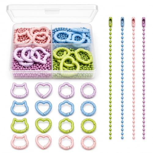 16 pcs Spring Keyring Buckle, Circle/Heart/cat/Flower Shaped Spring O Rings, Snap Hooks O Rings Buckles Contains 80 Chains - 20 of Each Color for Keychains Bag Purse Handbag DIY Accessory