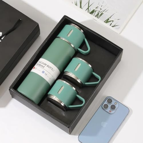 Premium Vacuum Insulated Flask Set, Stainless Steel Thermo Bottle with Cups Coffee Tea Set, 500ml Stainless Steel Insulated Water Bottles, Men Women Gift Set (Green)
