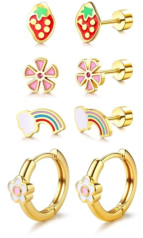 Roheafer 4 Paar Ohrringe Mädchen Damen Medizinische Ohrstecker | Hypoallergene Chirurgenstahl Flatback Ohrstecker 14K Vergoldete Ohrringe Creolen Klein Bunt Herz Blume Huggie Ohrring Set