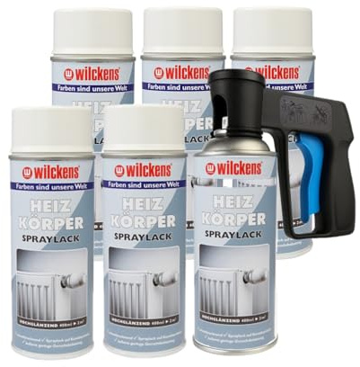 ARLI Set di 6 vernici spray per termosifoni, bianco lucido, 400 ml, RAL 9010 + 1 pistola a spruzzo, impugnatura a pistola per bombolette spray, set per radiatori, tubi dell'acqua calda