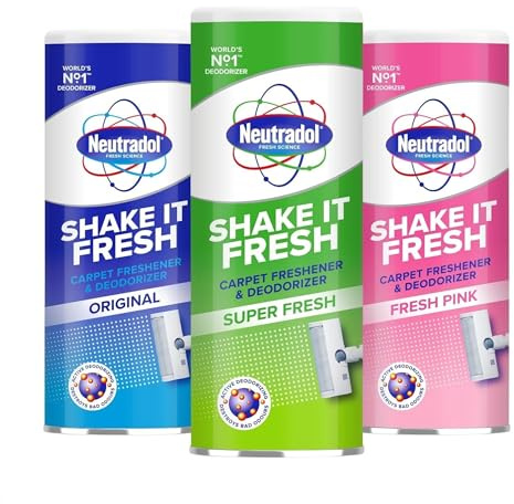 Neutra dol Carpet Freshener Deodoriser Bundle - Shake It Fresh Carpet Powder - Fabric Freshener Odour Eliminator - Original, Super Fresh & Pink - Multipack of 3 x 350g