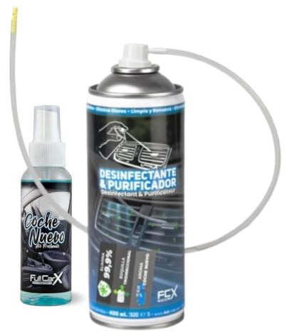 AutoFullCar - Pack Desinfectante y Purificador para Aire Acondicionado de Coche en Spray FullCarX - Limpia los Conductos AC - Sistema de Ventilacion Interior - Incluye Ambientador Coche Nuevo 100 ml