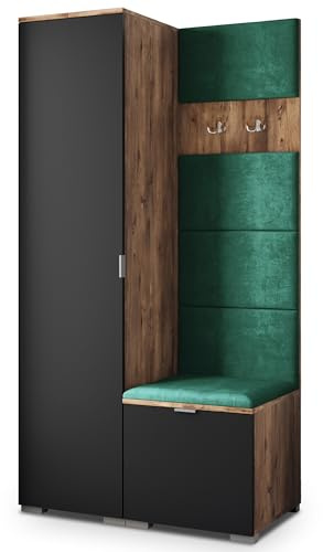 Masseno Flugarderoben Set Lori, Kleiderschrank-Set mit Sitzbank, Garderobenschrank Flur mit 3 Regalböden, Eiche Lefkas/Schwarz